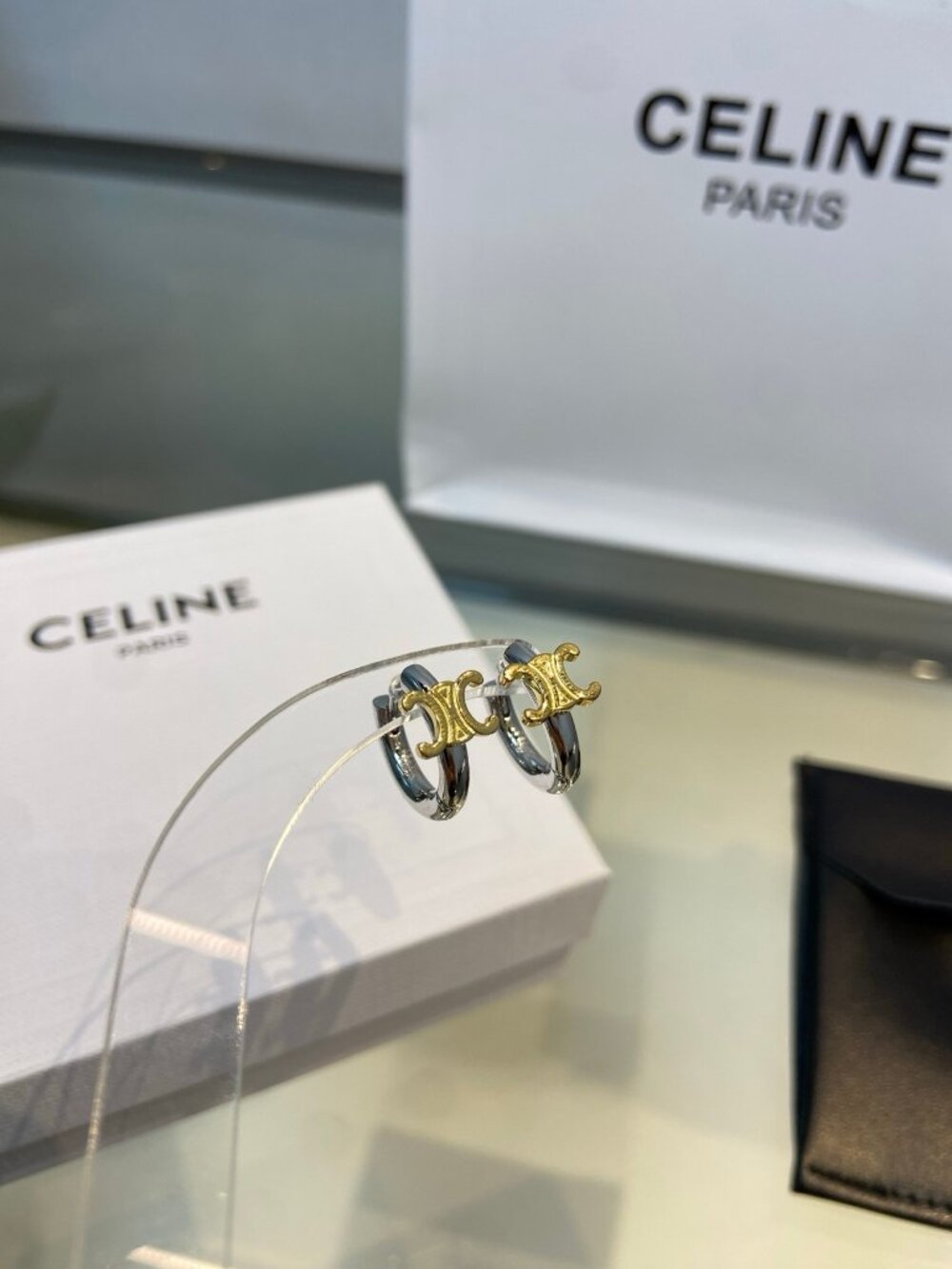 Celine Two-Tone Triomphe Charm Hoop Earrings